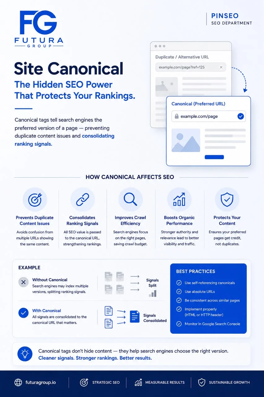 Futura Group PINSEO canonical tags SEO infographic for stronger search rankings