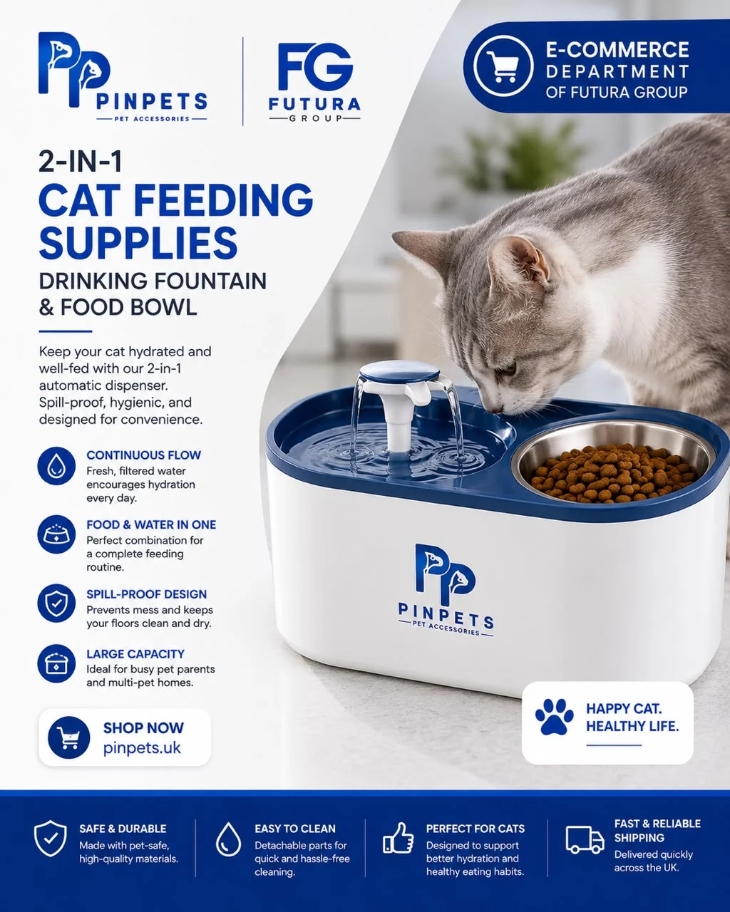 Cat using a PinPets two-in-one drinking fountain and food bowl available in the UK