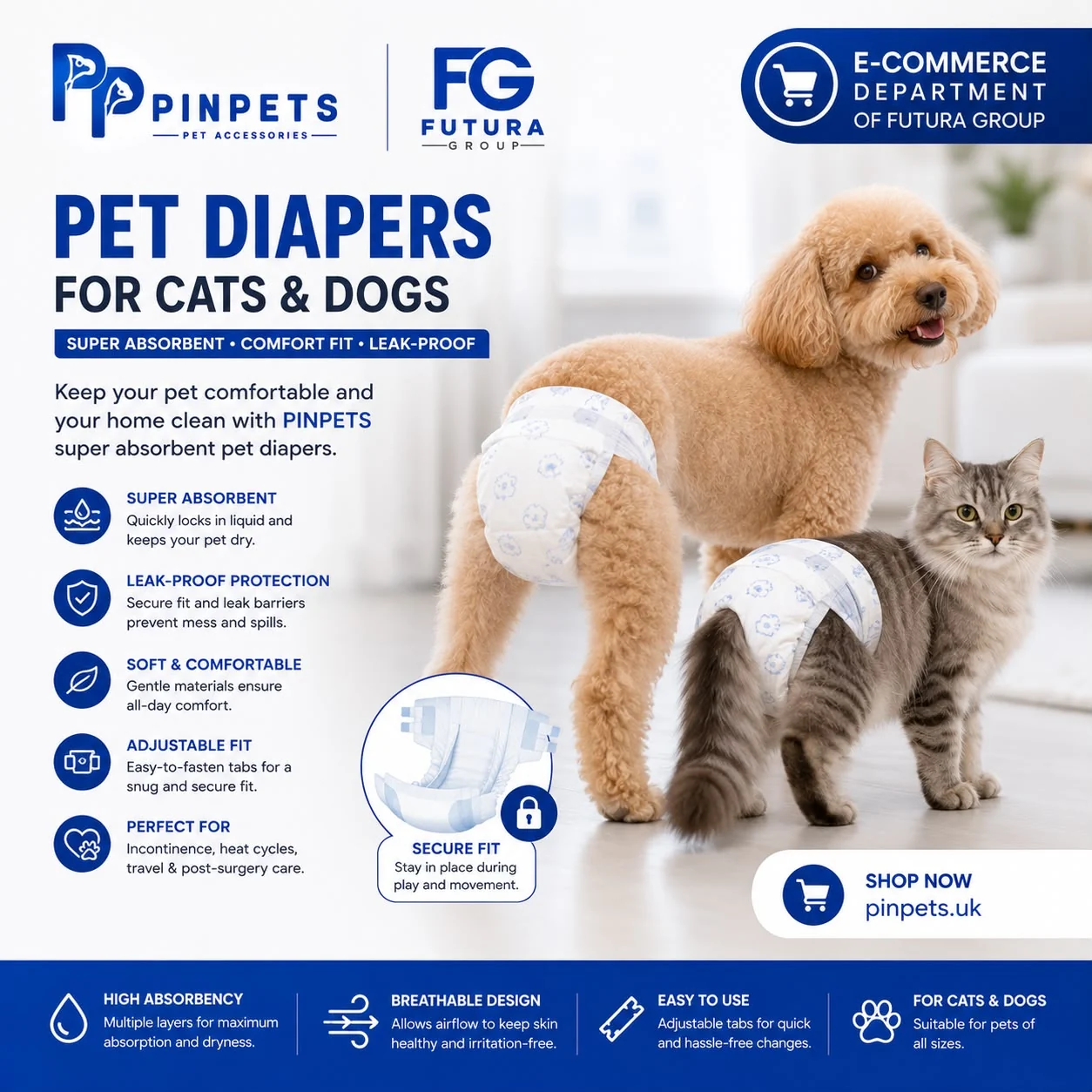 Dog and cat wearing absorbent PinPets pet diapers available in the UK