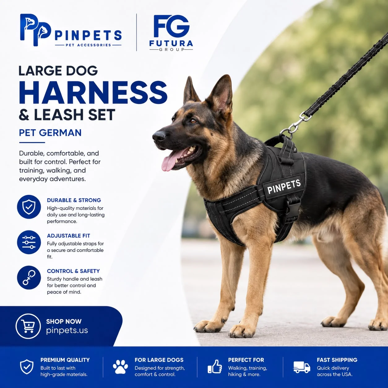 German Shepherd wearing a black PinPets large dog harness and leash set available in the USA