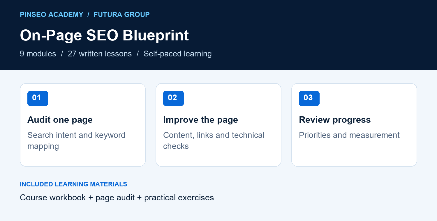 On-Page SEO Blueprint course overview showing the learning path and included resources